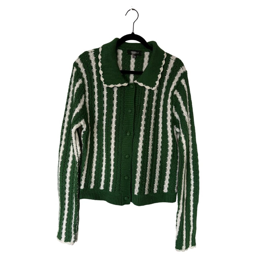 4SI3NNA | Collared Crochet Open-Stitch Cardigan Sweater - Size L